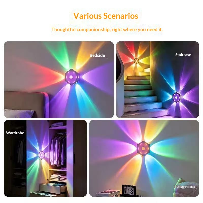 Hexagonal motion-sensor wall lamp mounted on wall