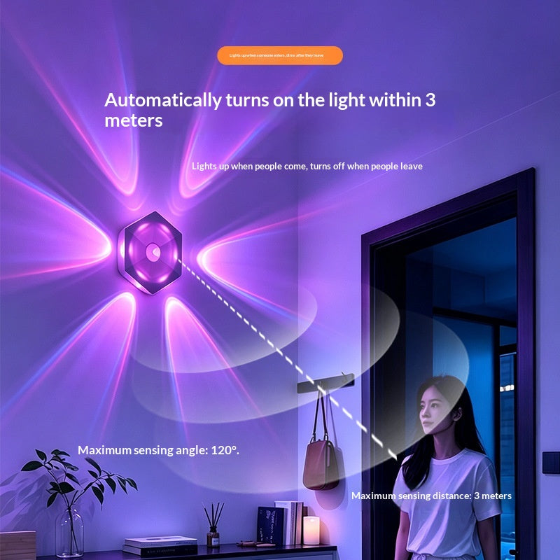 Hexagonal motion-sensor wall lamp with warm glow